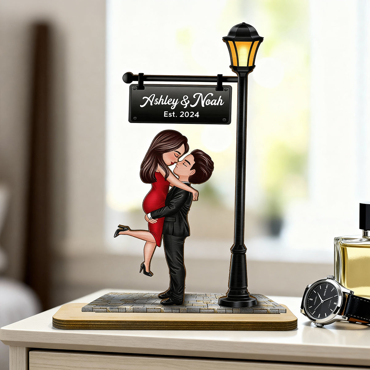 Couple Kissing Under Lamp Post Forever Love - Personalized 2-Layer Wooden Plaque - Heartfelt Anniversary Gift For Her, For Wife