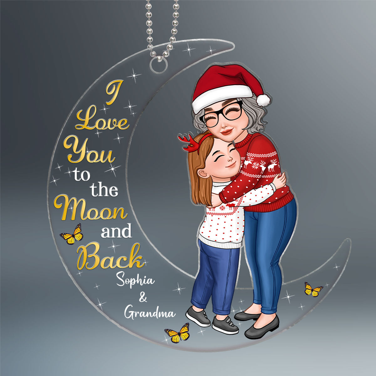 Grandma & Granddaughter Grandson Hugging On Moon Personalized Acrylic Ornament