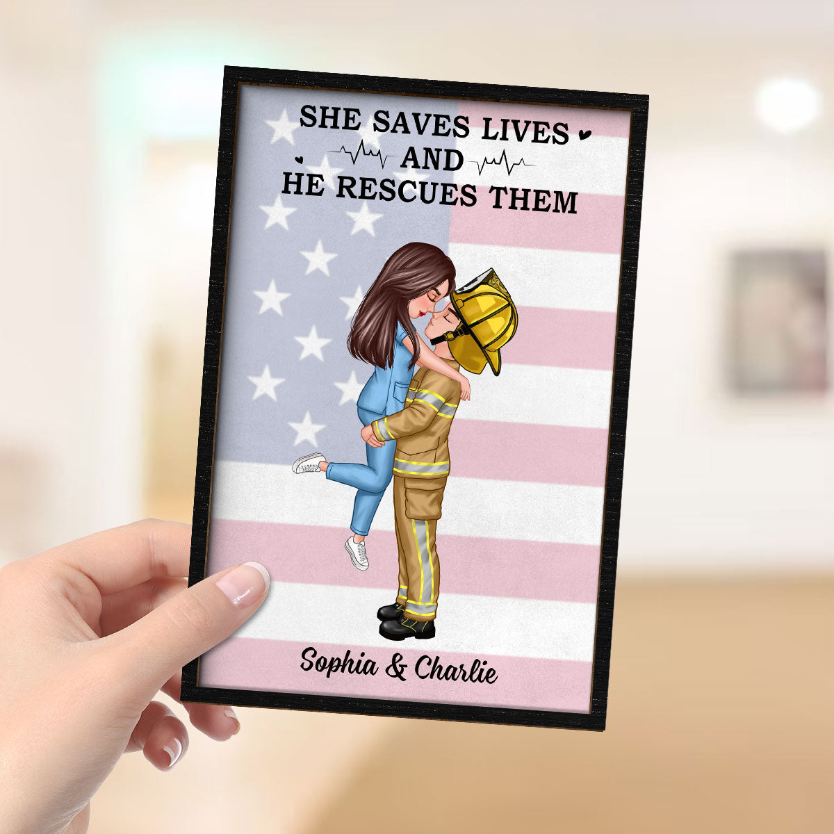 Nation Flag Couple Valentine‘s Day Gifts by Occupation Gift For Her Gift For Him Firefighter, Nurse, Police Officer Personalized 2-Layer Wooden Plaque