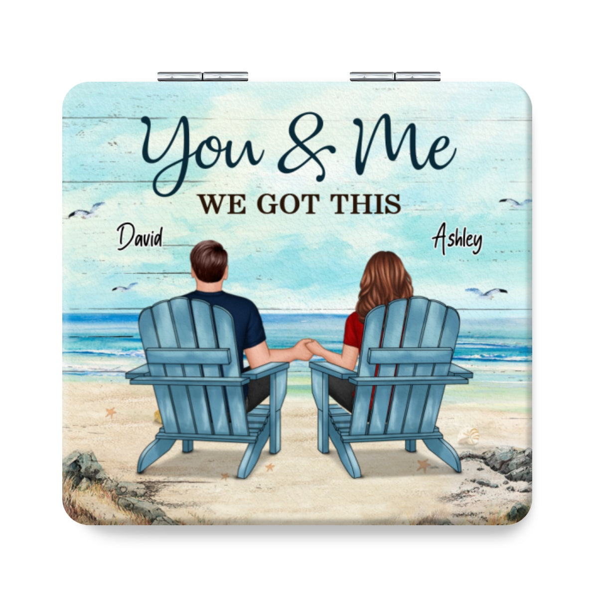 Back View Couple Sitting Beach Landscape You & Me We Got This Personalized Square Compact Mirror