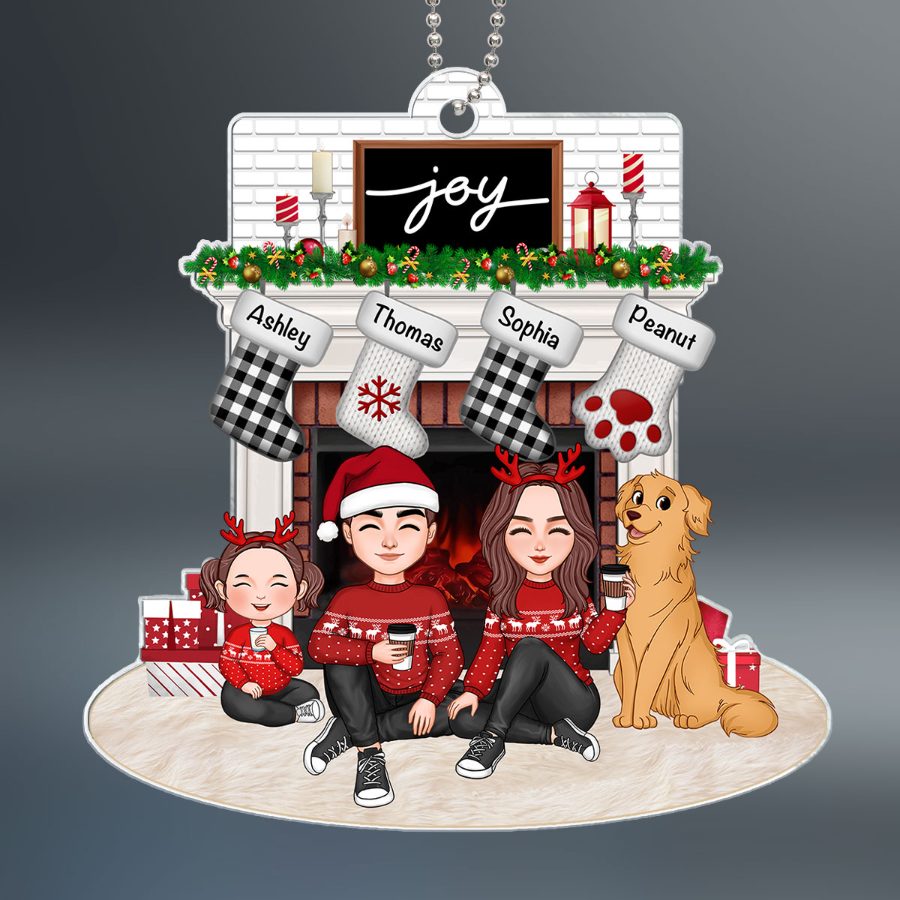 Cute Family Dad Mom Kids Dogs Cats Sitting At Christmas Fireplace Personalized Acrylic Ornament