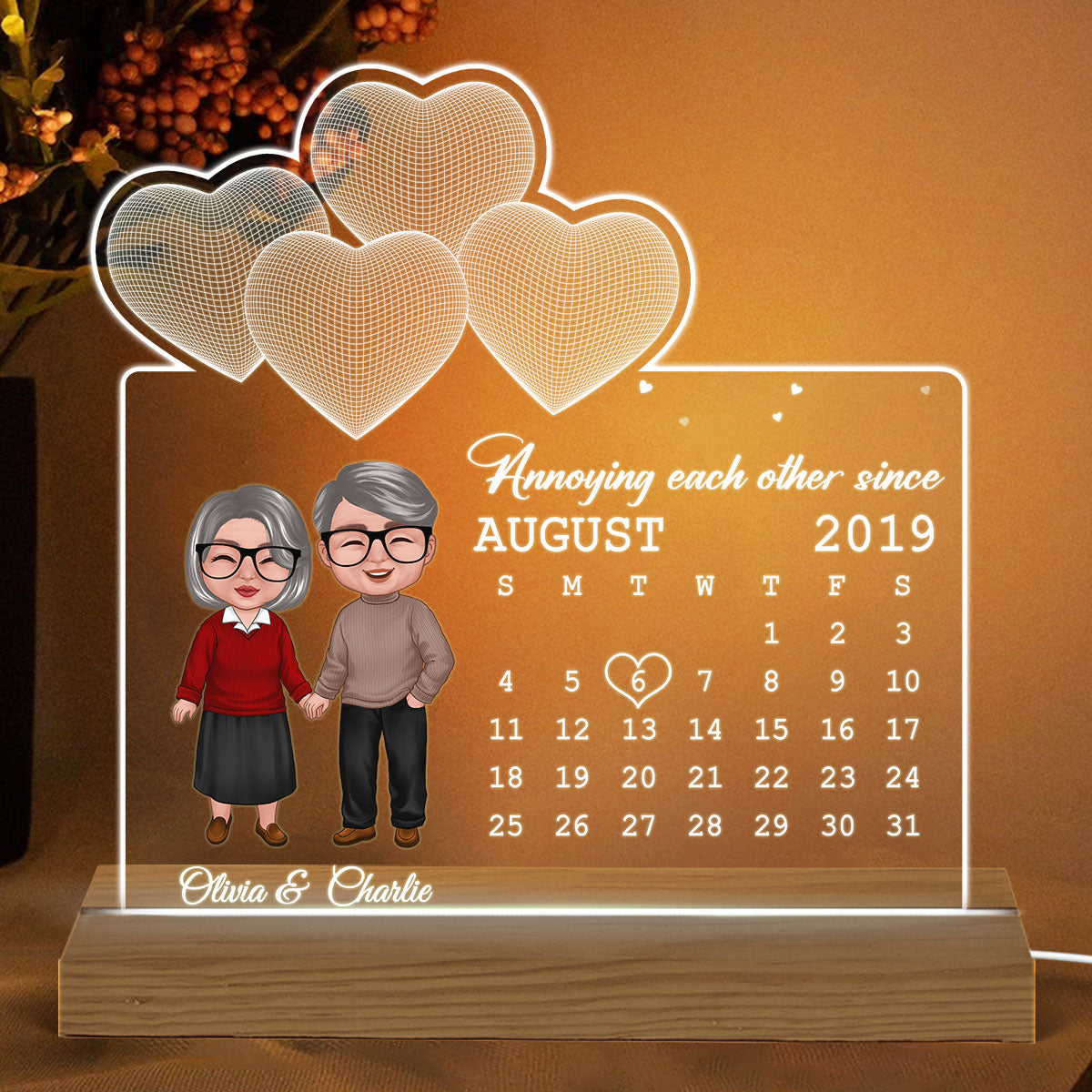 Old Doll Couple Under 3D Heart Anniversary Date Calendar Personalized Custom Shape Acrylic Plaque Warm LED Night Light