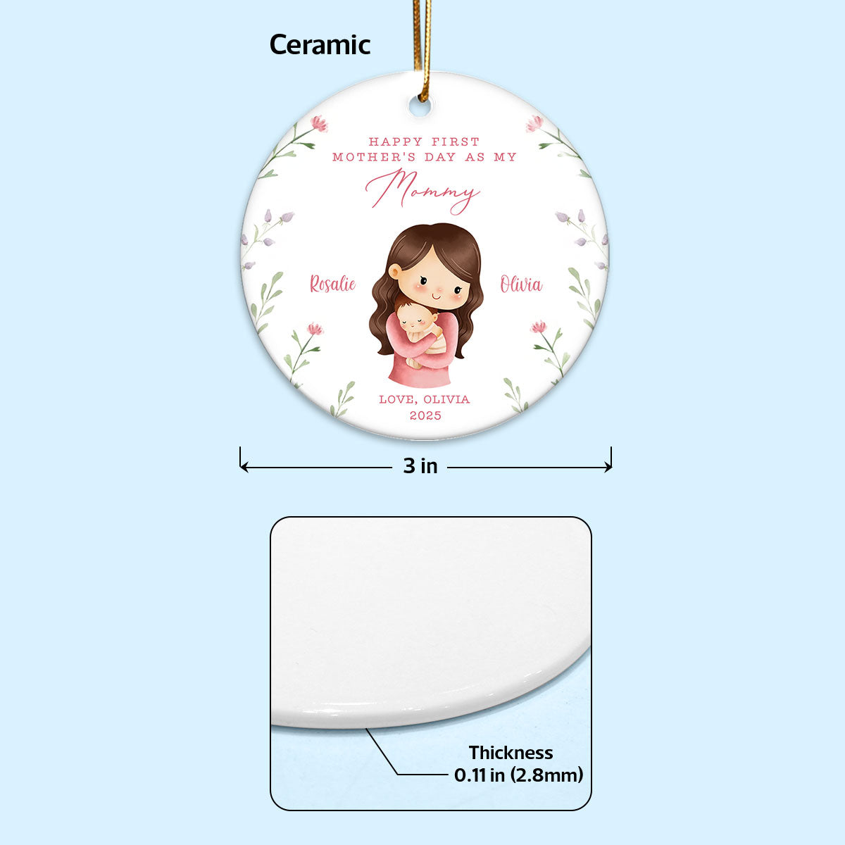 Watercolor Cute Mom Grandma Baby Happy First Mother's Day Personalized Circle Ceramic Ornament