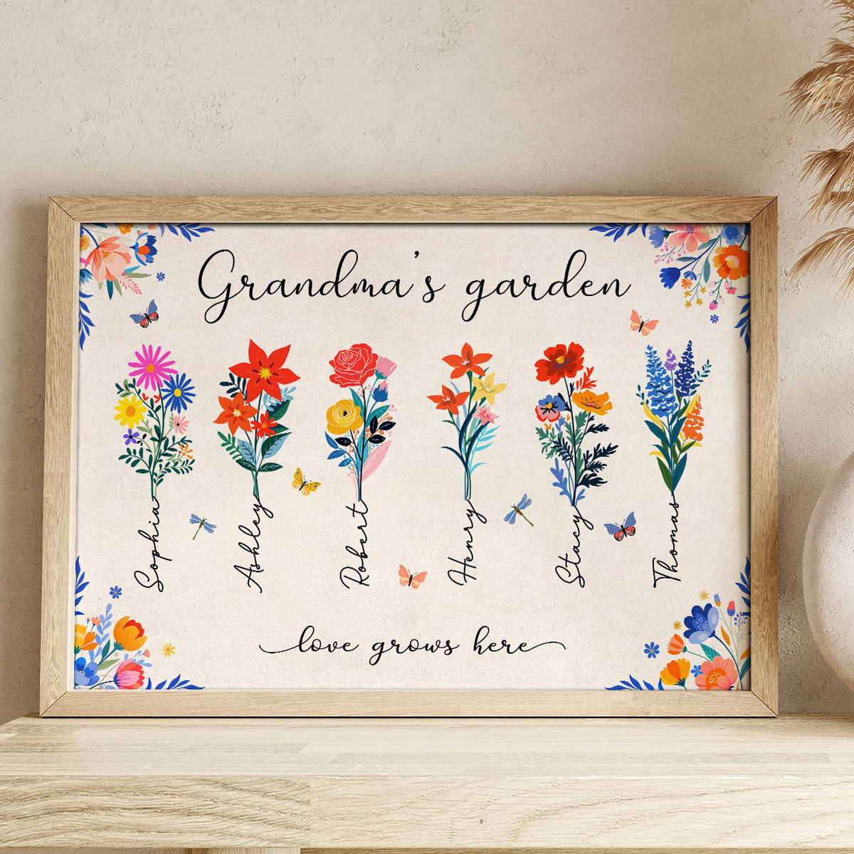 Grandma's Garden Modern Botanical Folk Art Birth Month Flower Personalized Poster, Gift For Grandma