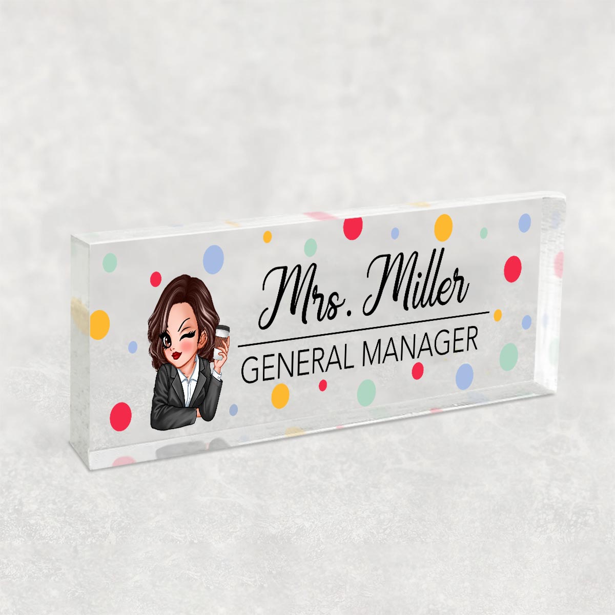 Polka Dot Woman Personalized Acrylic Desk Name Plate, Office Desk Decor, Gift For Colleagues, Coworkers, Boss