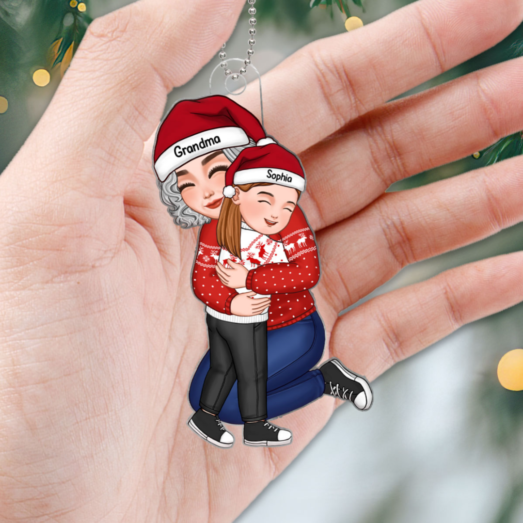 Cute Grandma Hugging GrandKid - Personalized Acrylic Ornament - Gift For Granddaughter, Grandson