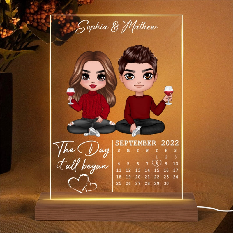 The Day It All Began Doll Couple Sitting Personalized Rectangle Acrylic Plaque With LED Night Light - Anniversary Gift For Couple - Gift For Him - Gift For Her