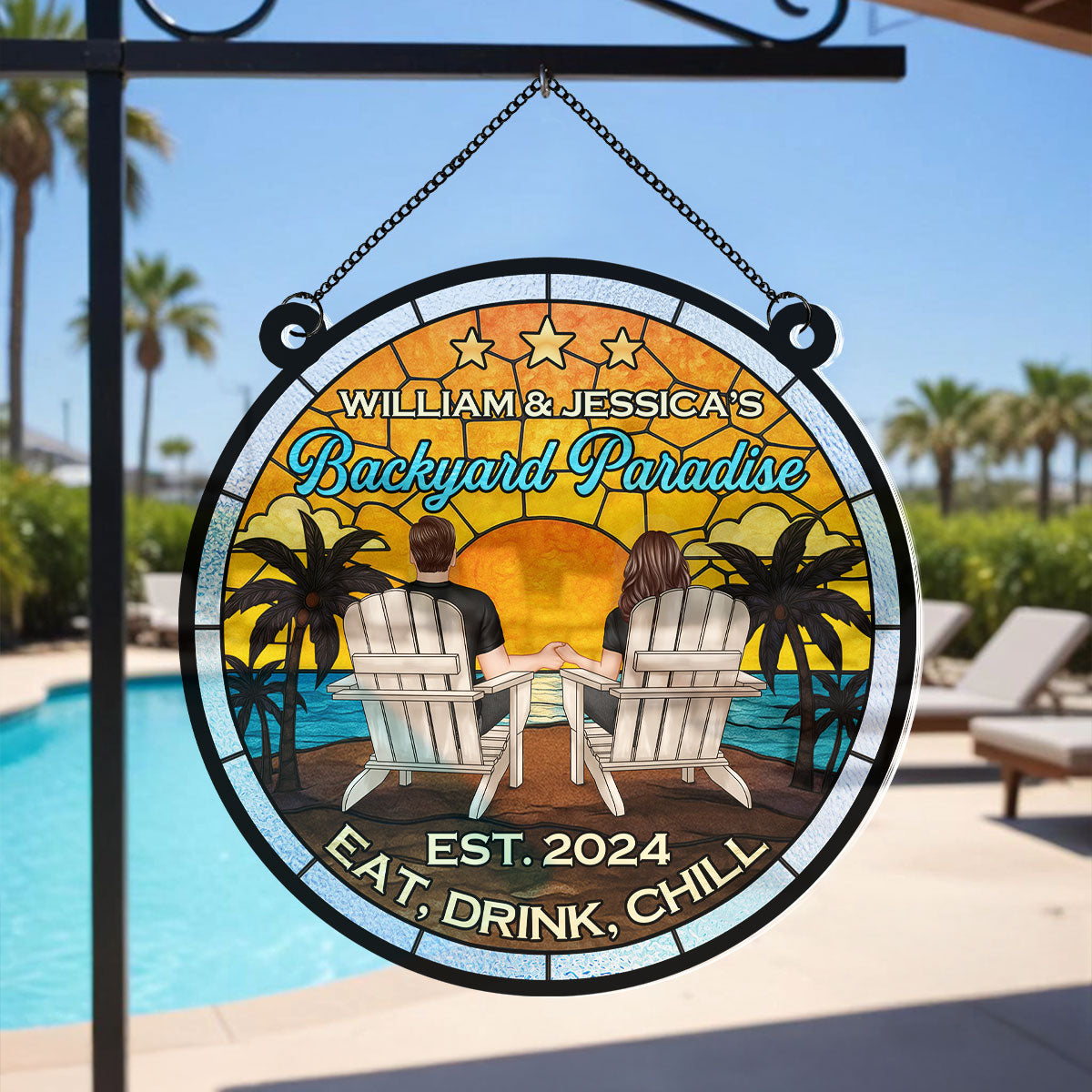 Couple Poolside Backyard Paradise Personalized Acrylic Suncatcher
