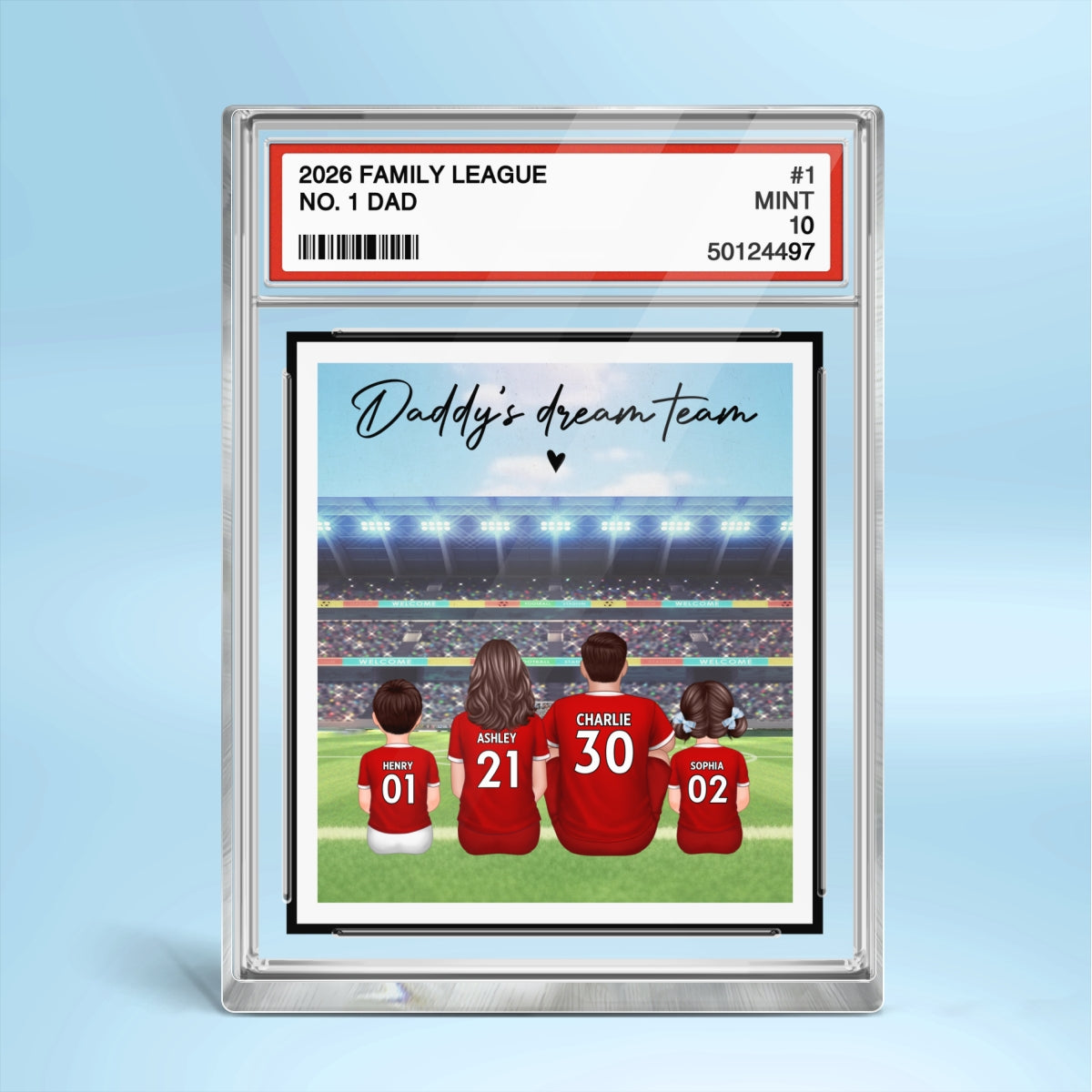 UK AU Football Daddy's Dream Team No. 1 Dad Man & Kids Sitting Trading Card Style - Personalized Acrylic Block Plaque