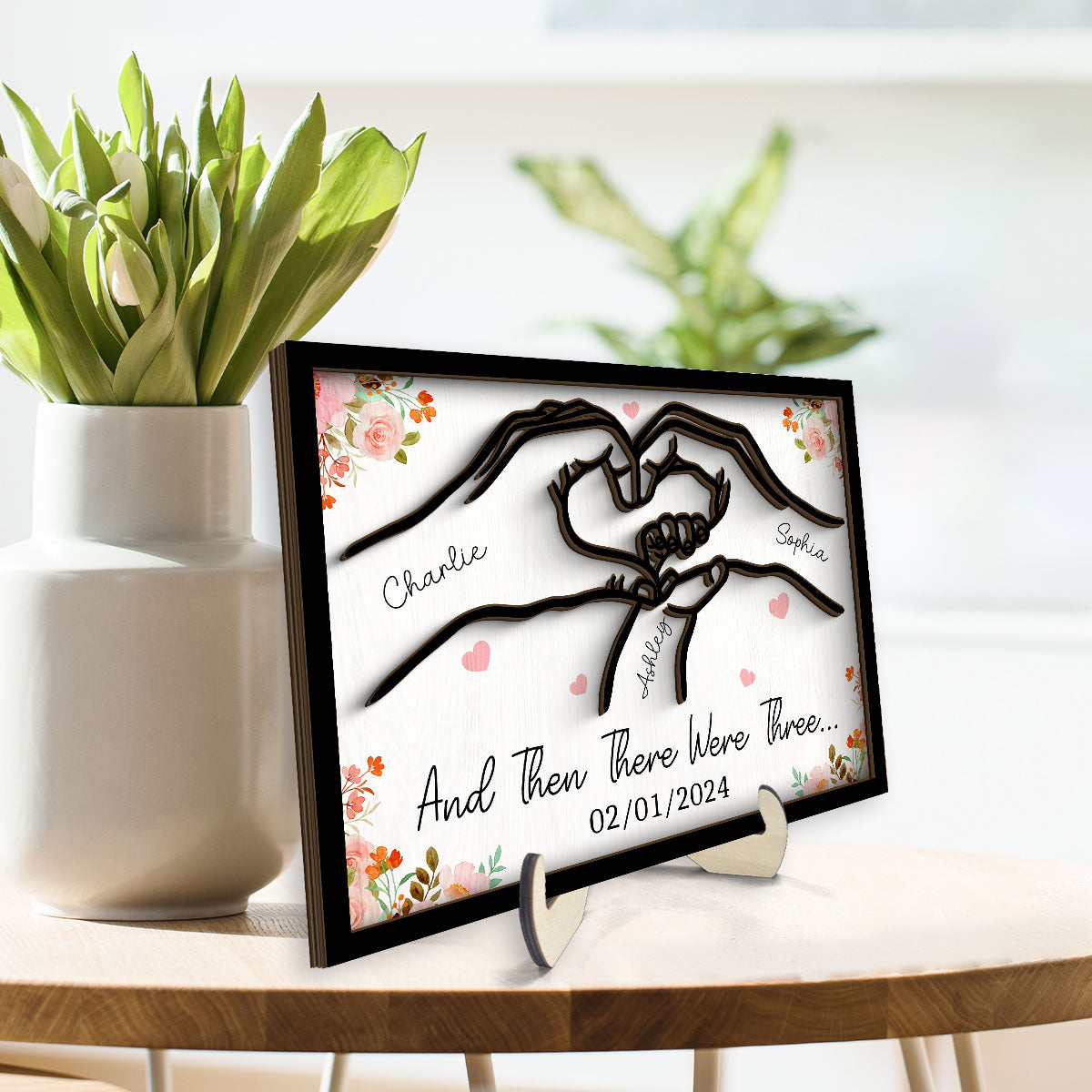 Family Of Three Heart Hand Personalized 2-Layer Wooden Plaque, Gift For New Mom New Dad