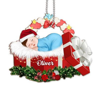 Baby Sleeping In Christmas Gift Box Personalized Wooden Ornament