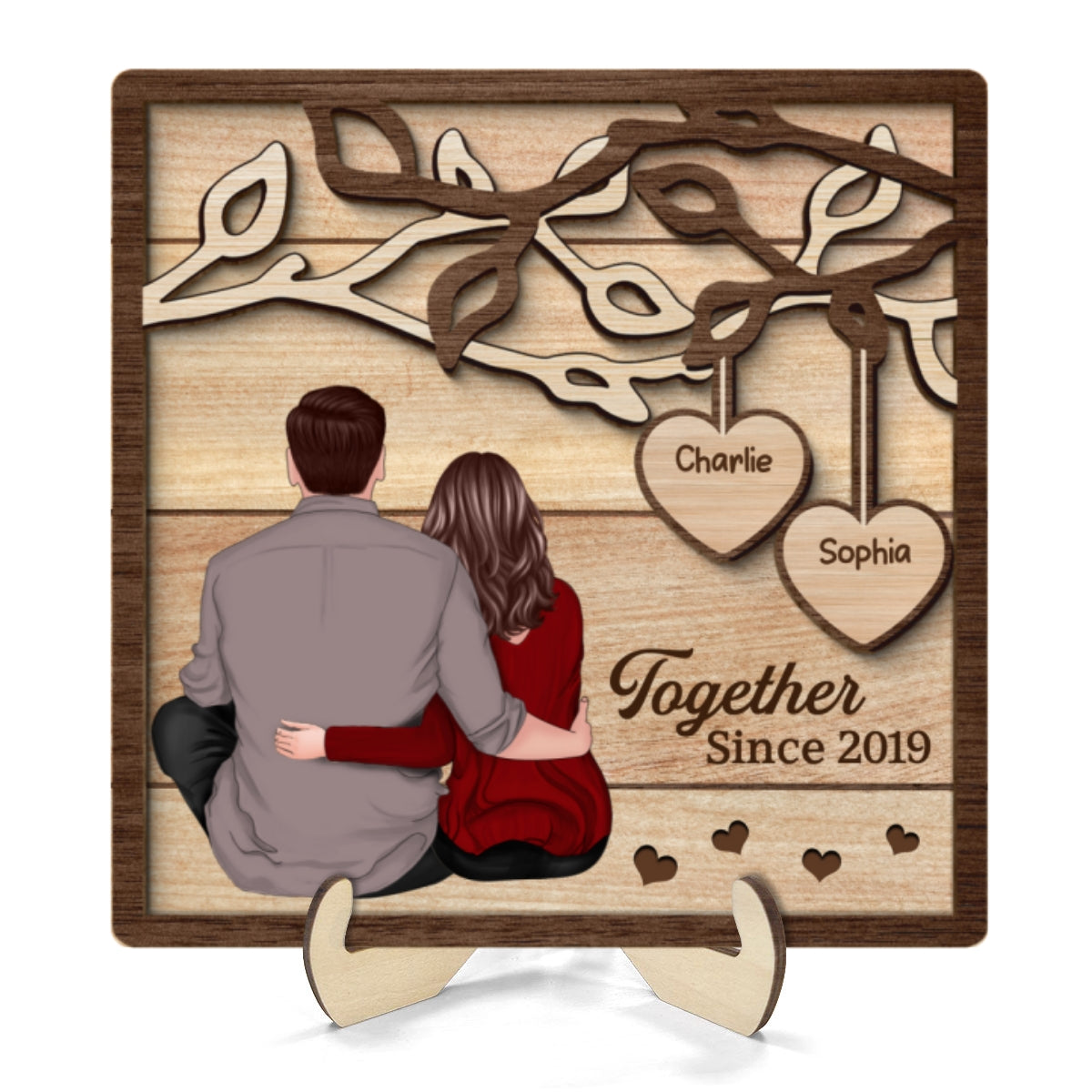Back View Couple Sitting Under Tree Personalized 2-Layer Wooden Plaque