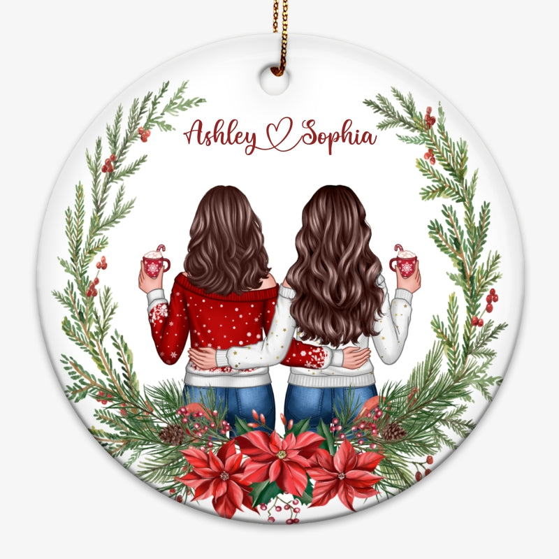 Besties Sisters Friends Back View Christmas Wreath Personalized Circle Ornament