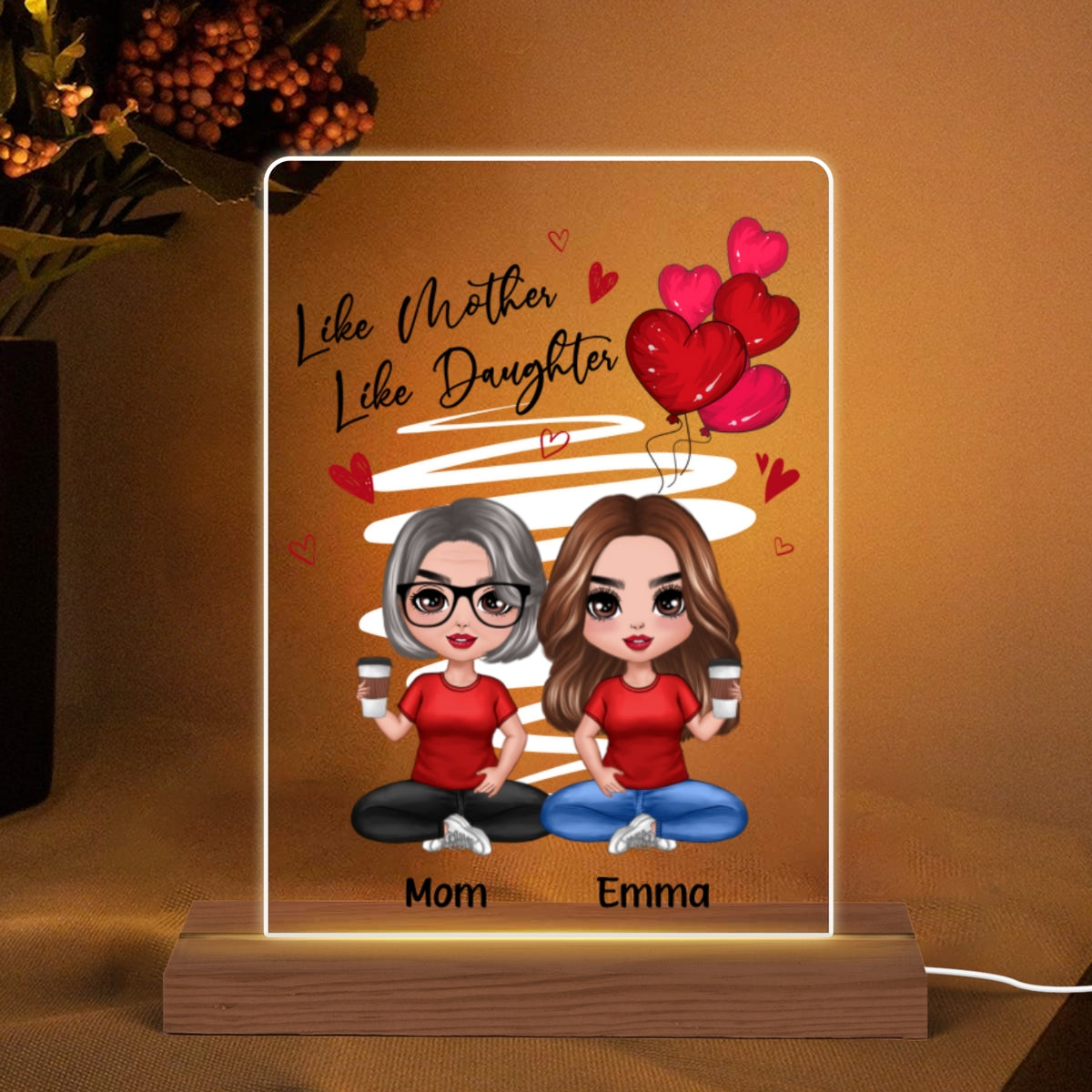 Red Hearts Like Mother Like Daughters Doll Mom And Daughters Sitting Gift For Mom Daughters Personalized 7 Colors Plaque LED Night Light