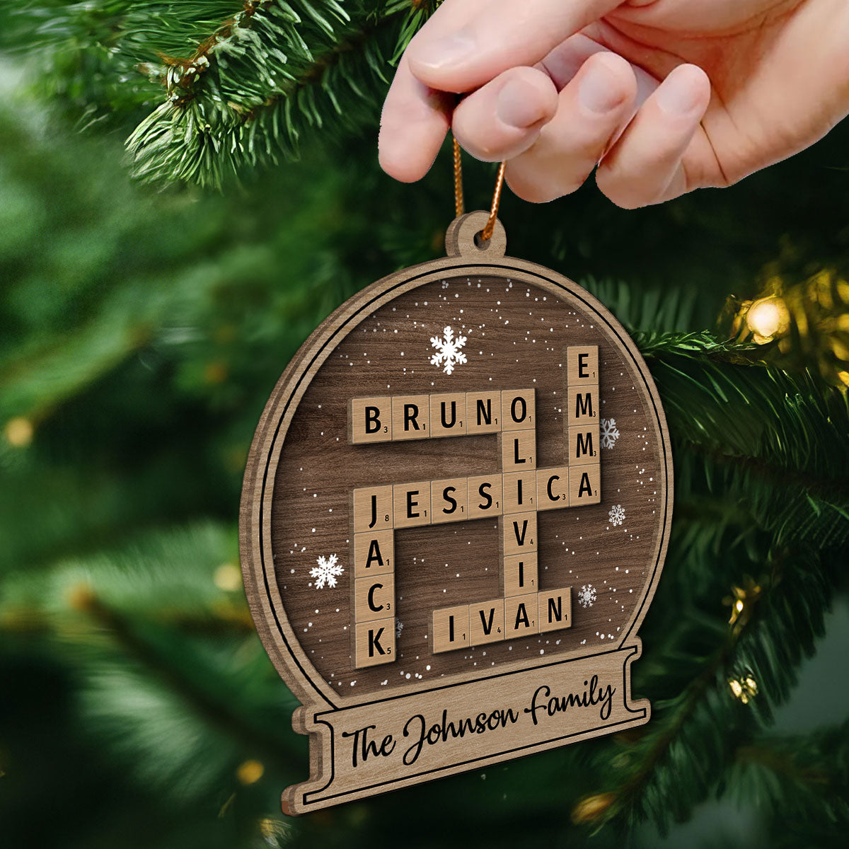 Family Names In Snow Globe Crossword Puzzle Art Personalized 2-Layer Wooden Ornament, Christmas Decor, Christmas Gift For Families