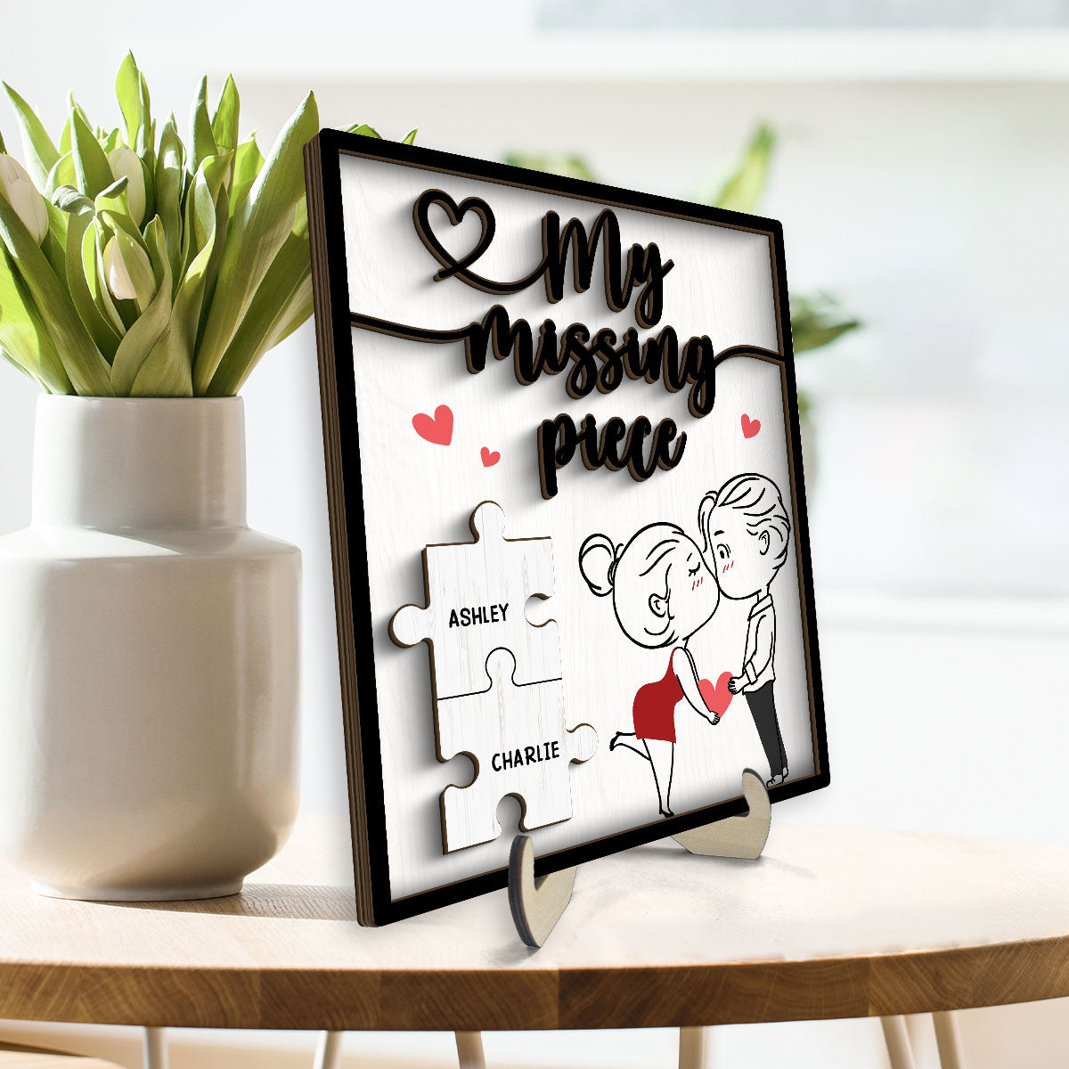 My Missing Piece Line Art Couple Valentine‘s Day Gift For Her Gift For Him Personalized 2-Layer Wooden Plaque