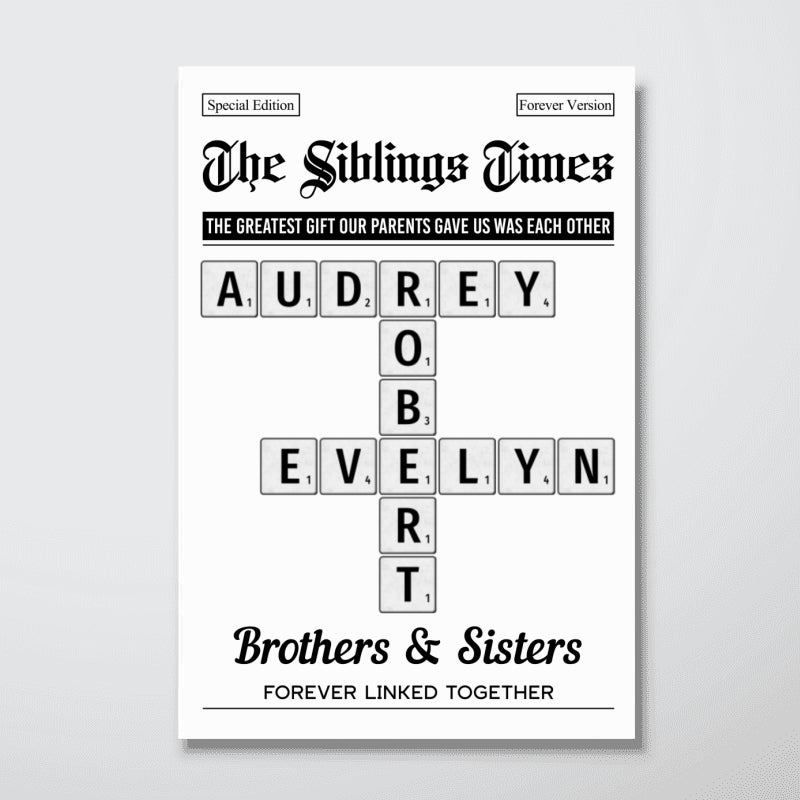 The Siblings Times Crossword Puzzle Newspaper Style - Personalized Poster - Keepsake Gift For Brothers, Sisters