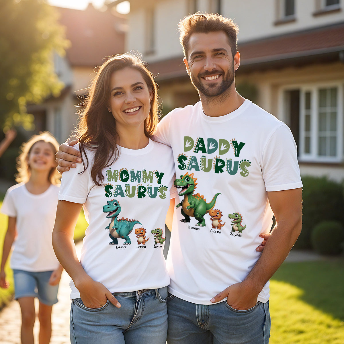 3D Effect Daddysaurus Mommysaurus Personalized Matching Shirts [Set Of 2 Shirts]