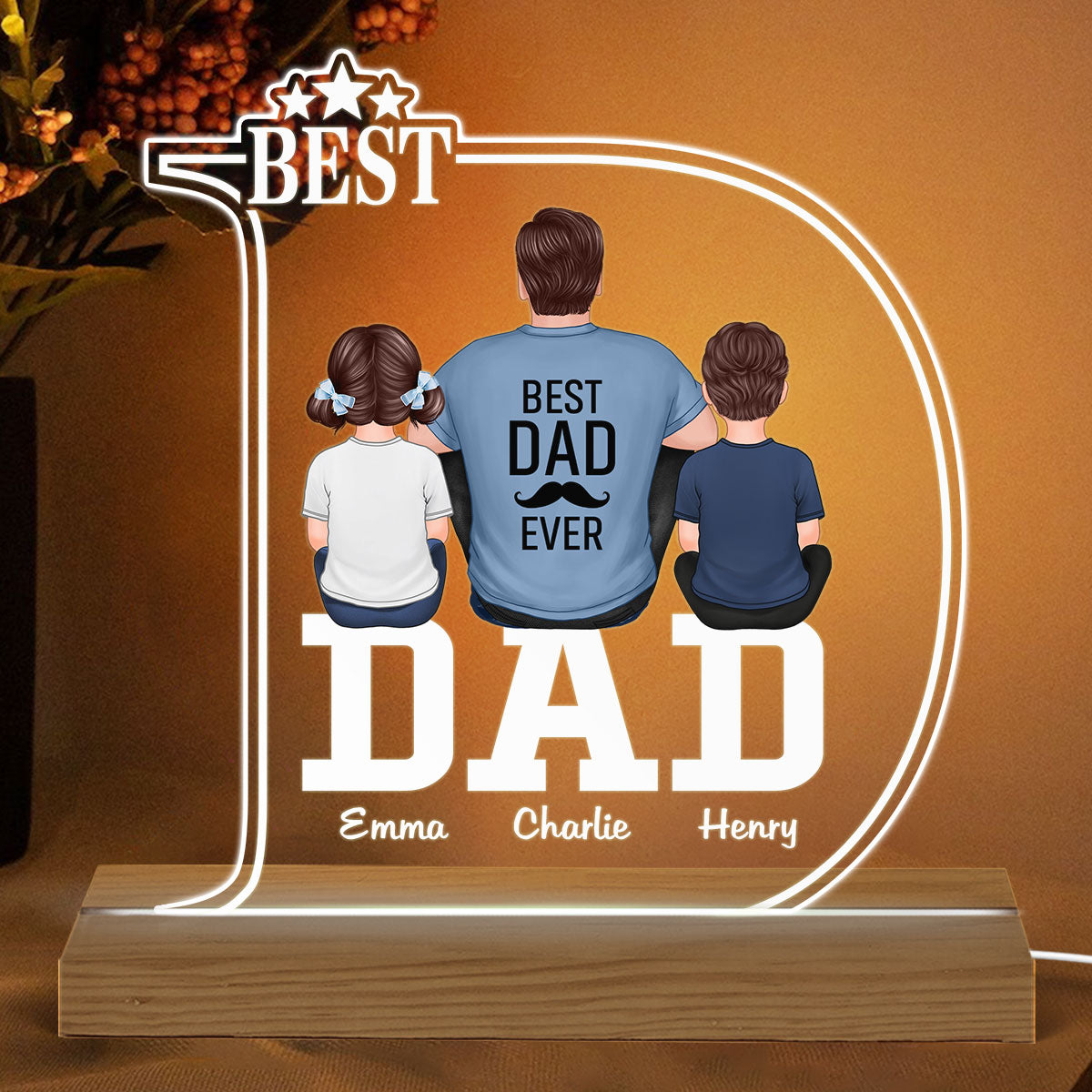 D Letter Best Dad And Kids Back View Personalized Custom Shape Acrylic LED Night Light