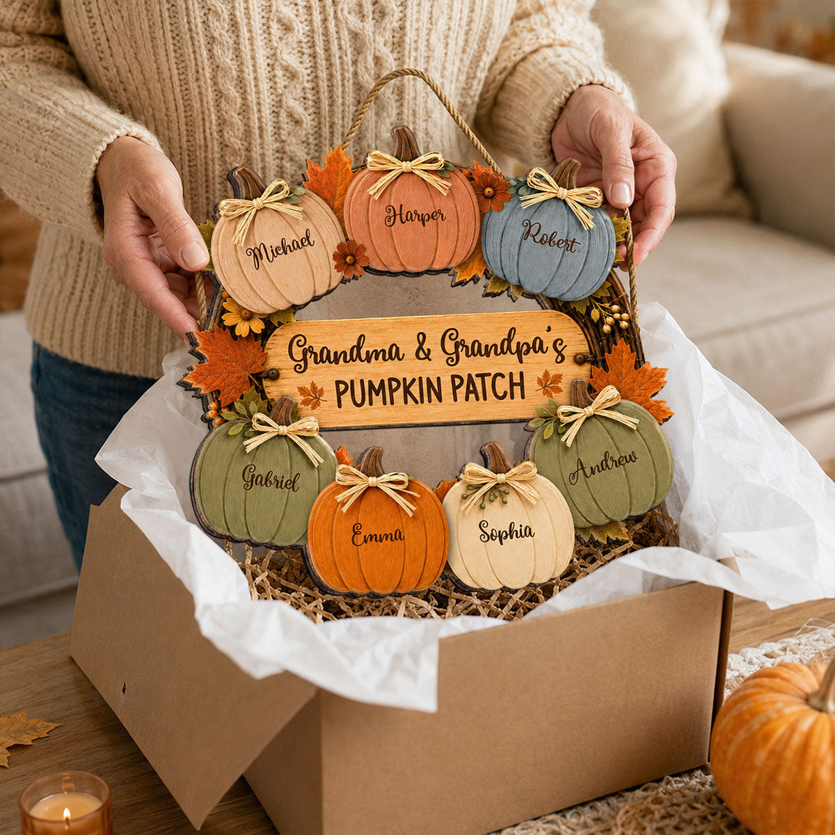Grandma Grandpa's Pumpkin Patch 2D Flat Printed Wreath - Personalized Door Hanger - Fall Season Decor For Grandparents