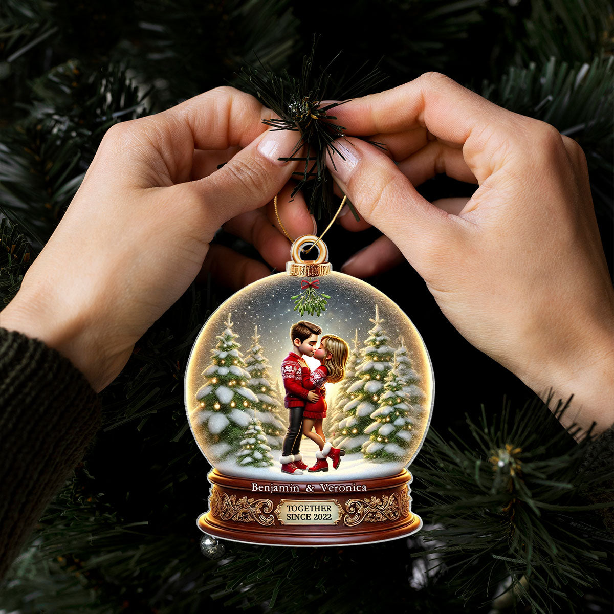 Pretty Couple Kissing Under Mistletoe 3D Realistic Snow Globe Personalized Acrylic Ornament, Unique Christmas Gift For Him, For Her, For The Couple, Anniversary Gift