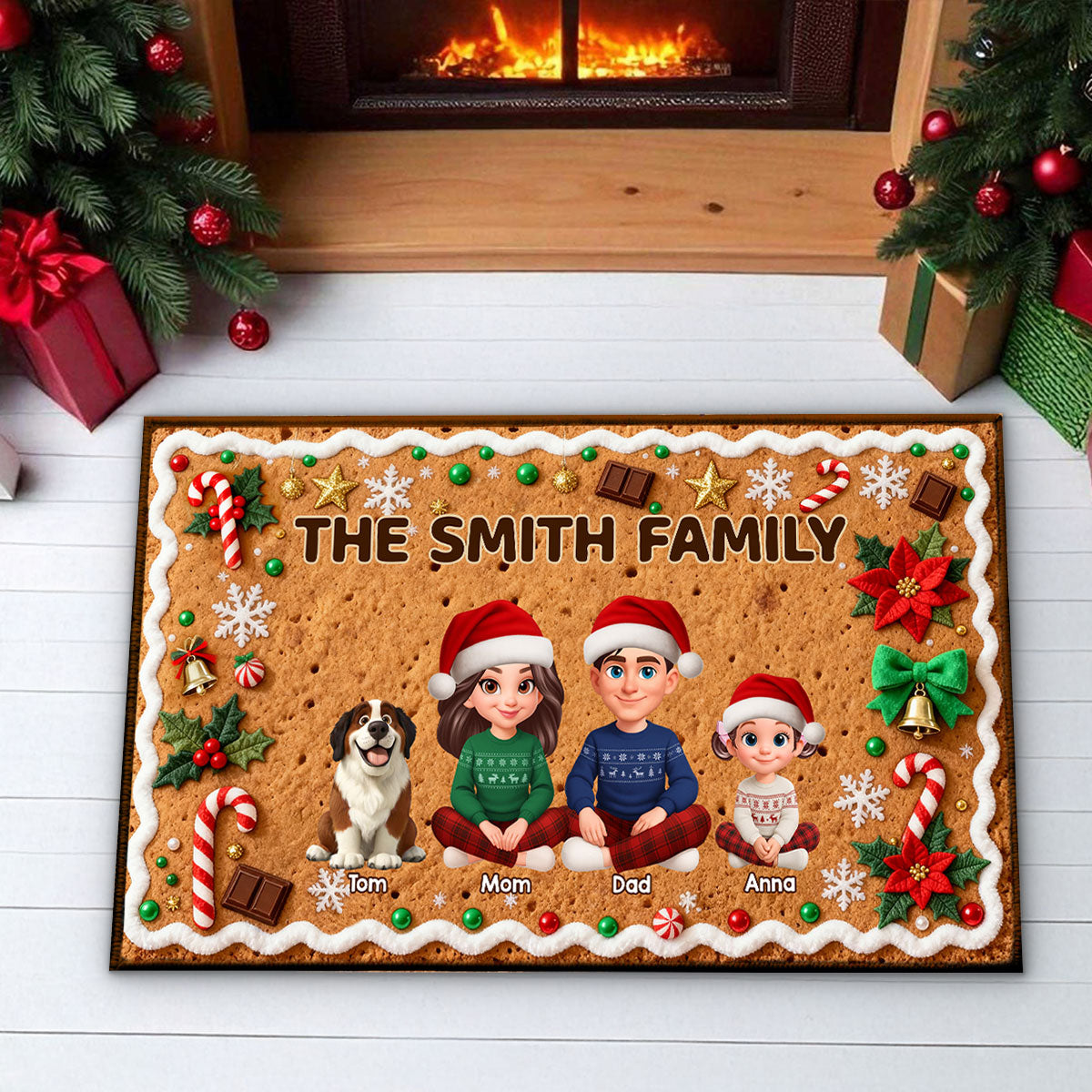 3D Effect Gingerbread Theme Beautiful Family Together Christmas - Personalized Doormat