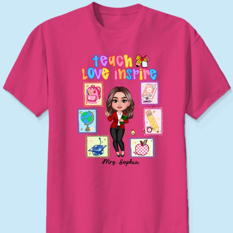 Teach Love Inspire Preppy School Thing Stamp Teacher Personalized Shirt, Back to School