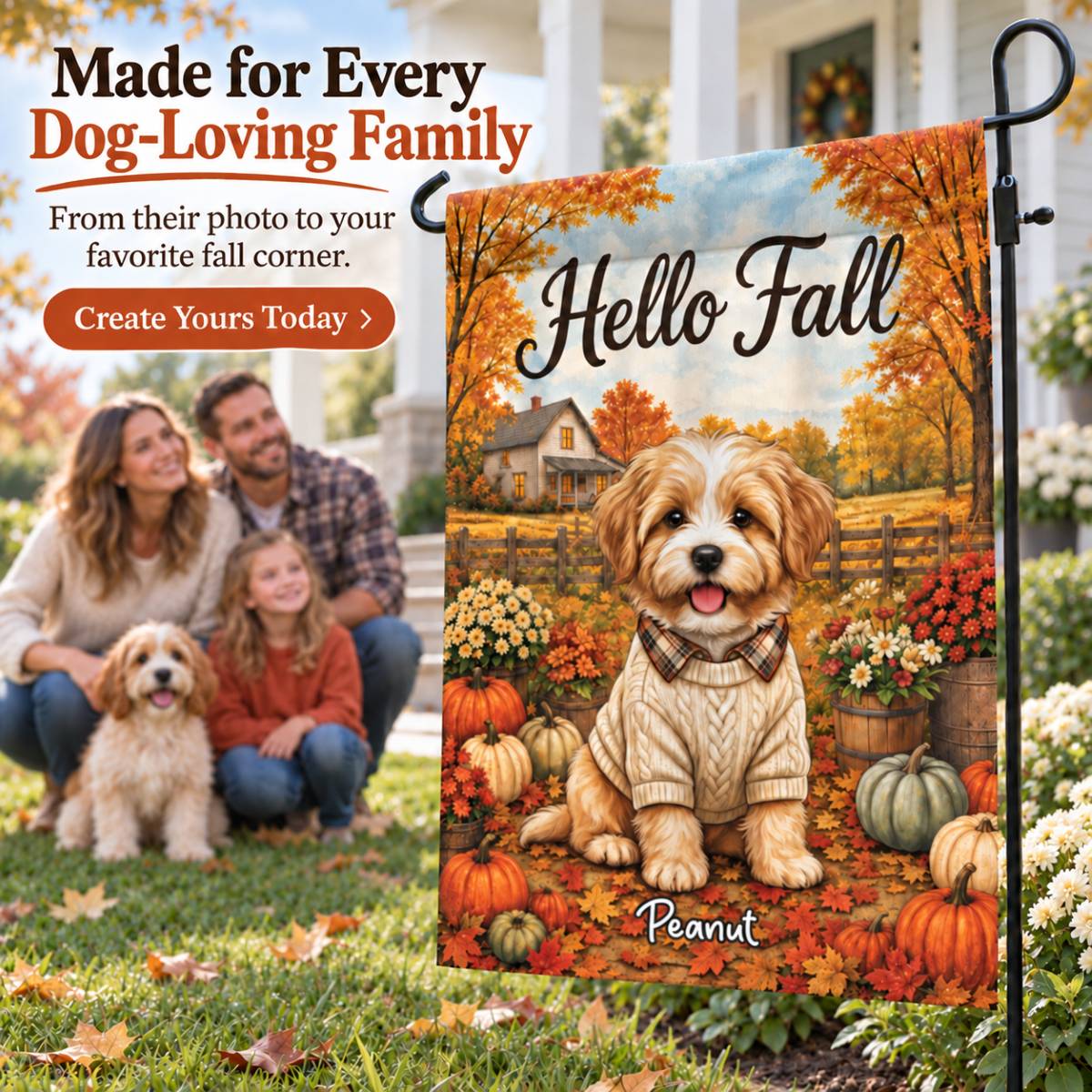Vintage Dog Cat Hello Fall Photo Upload - Personalized Garden Flag - Fall Season Gift For Dog Mom, Cat Mom