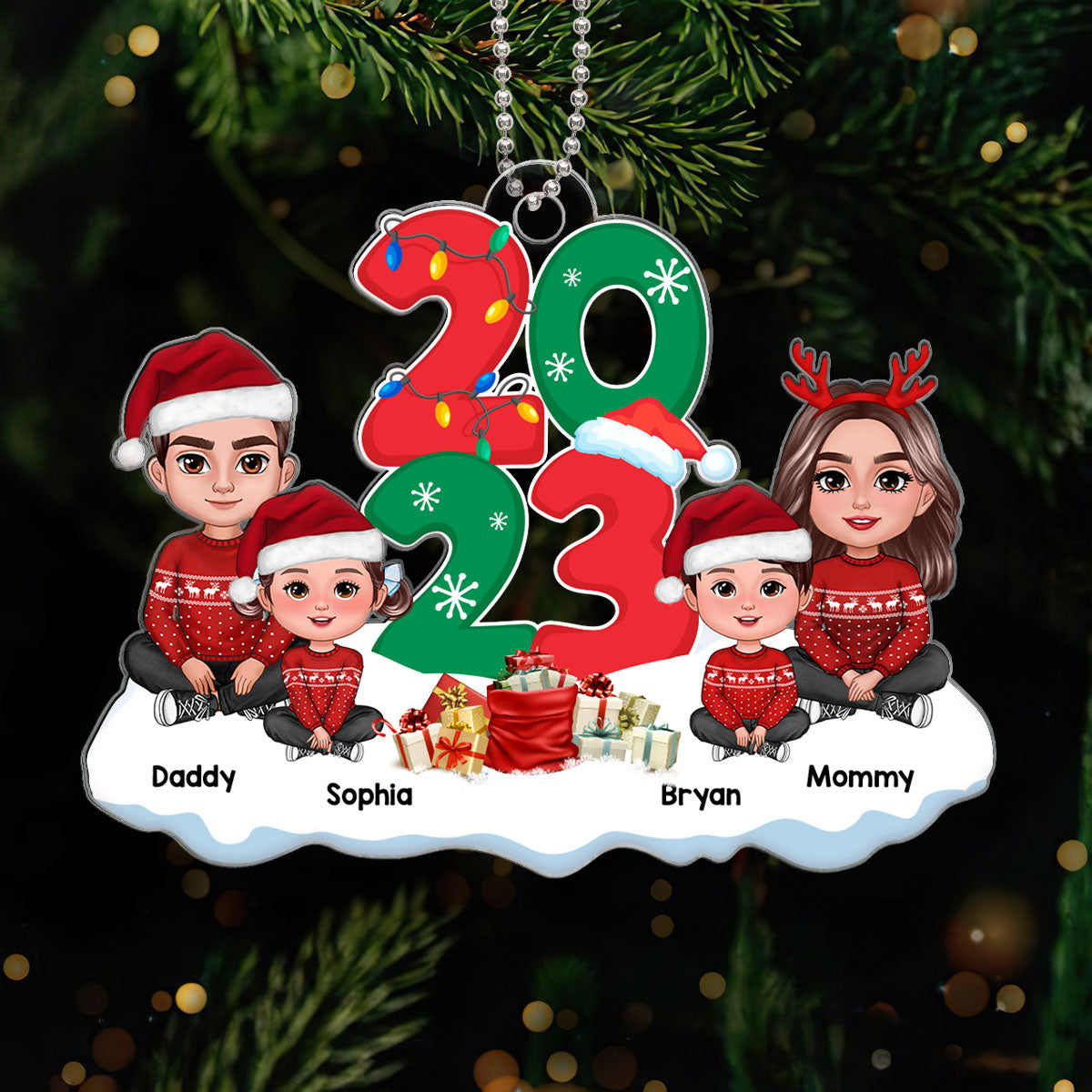 Family Dad Mom Kids Dogs Cats Crossed Legs Sitting By 2024 Christmas Gift Personalized Acrylic Ornament