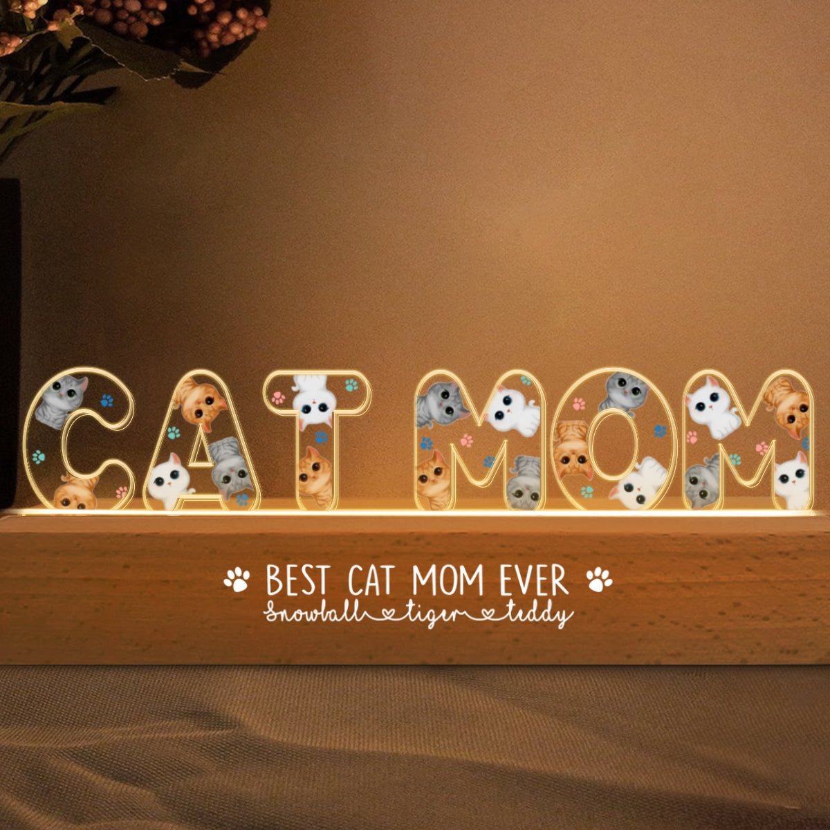 Cat Mom Watercolor Cute Cats Personalized LED Night Light