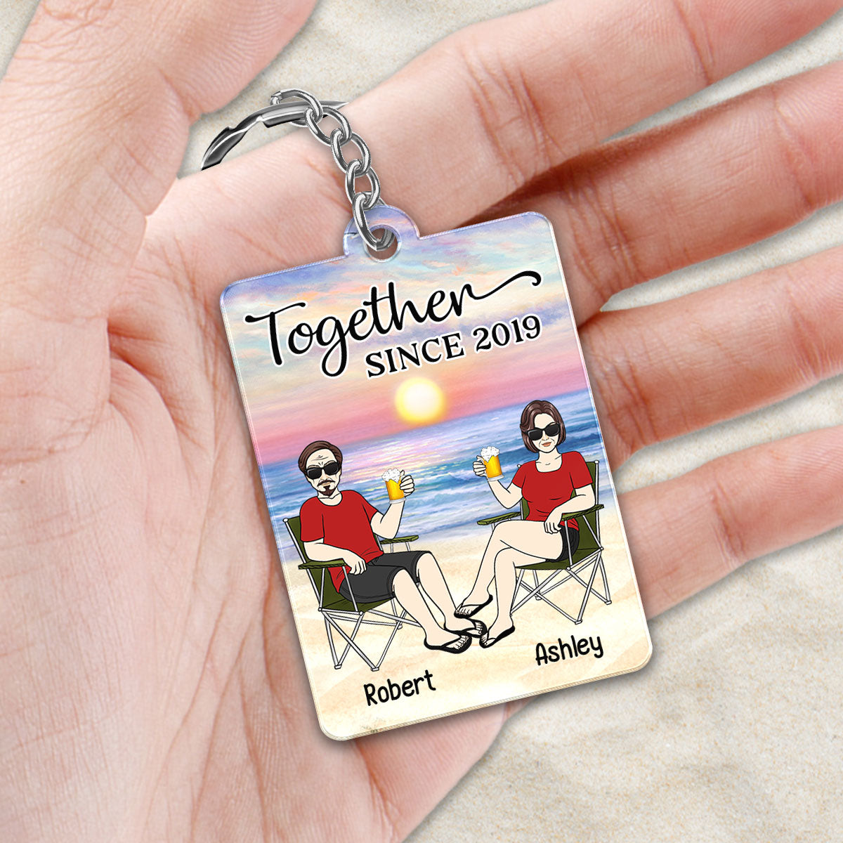 Couple Front View On Chair Sitting At Beach Favorite Song Scannable QR Code Personalized Acrylic Keychain