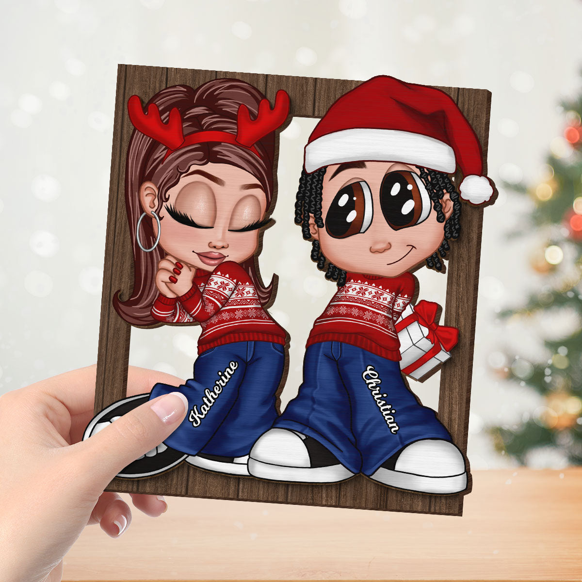 Christmas Y2K Couple Frame Personalized 2-Layer Wooden Plaque