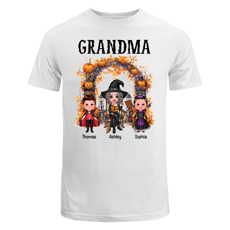 Halloween Grandma Grandkids Pumpkins At Cemetery Personalized Shirt