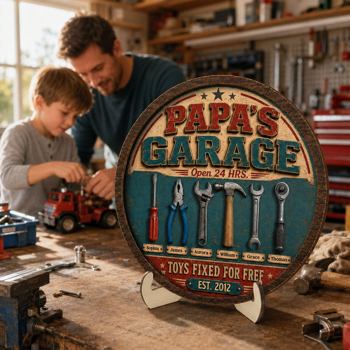 Papa Dad's Garage Toys Fixed For Free Custom Kid Name 2D Flat - Personalized 2-Layered Wooden Plaque - Father's Day Gift For Mechanic Dad, Grandpa