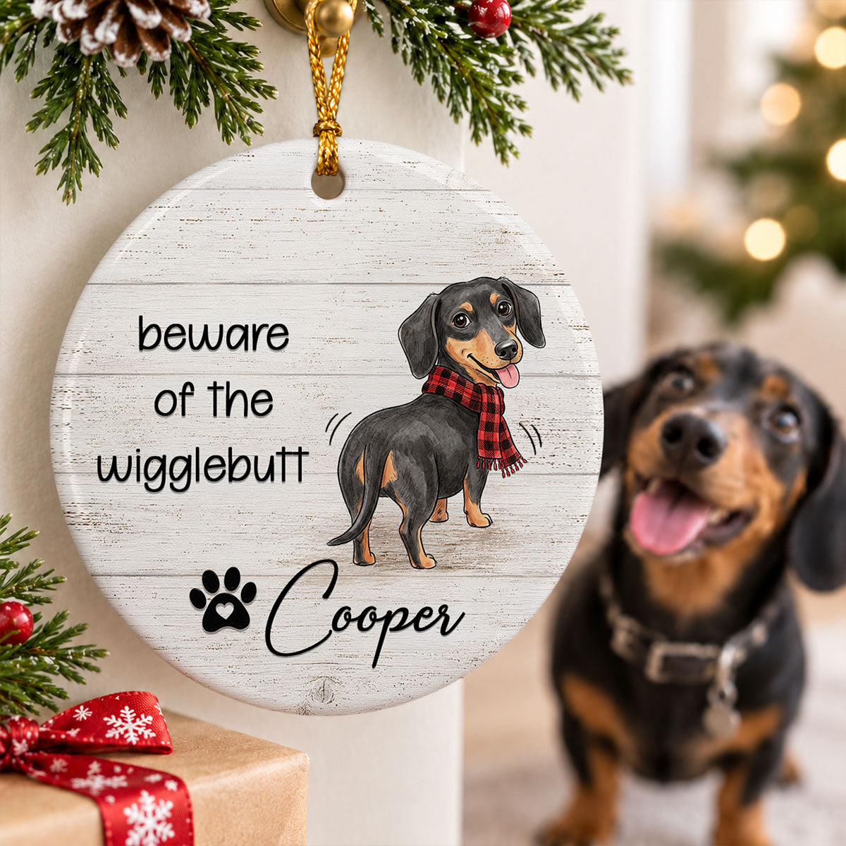 Beware of the Wigglebutt - Personalized Ceramic Ornament - Christmas Gift for Dog Cat Moms