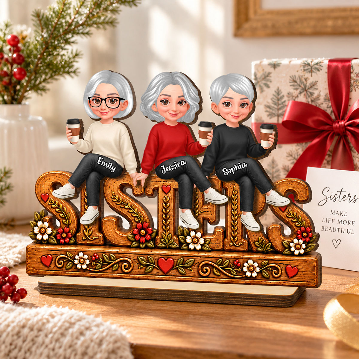 Floral Sisters Forever - Personalized 2-Layered Wooden Plaque - Christmas Gift, Birthday Gift For Sisters