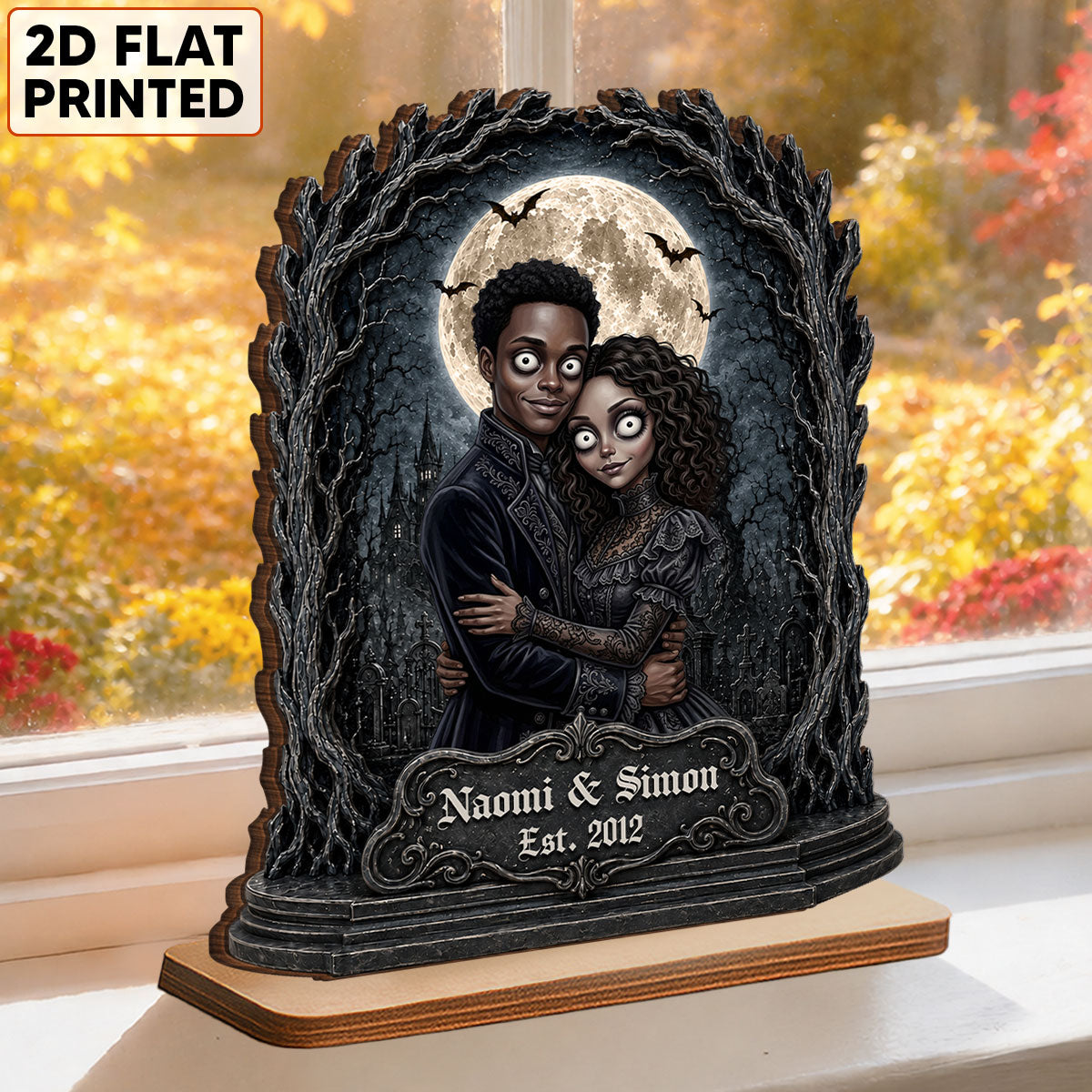 Halloween Custom Photo Illustration Gothic Couple - Personalized 2-Layered Wooden Plaque - Halloween Gift For Couple