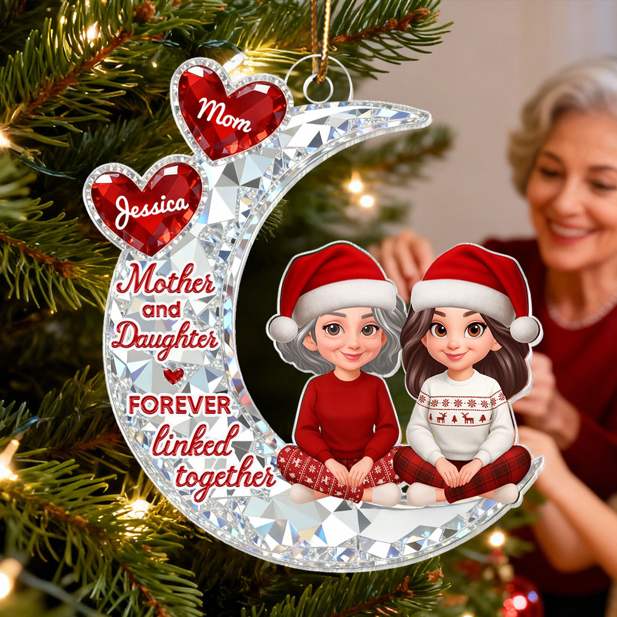 3D Effect Flat Mom And Daughter Son Sitting On Moon - Personalized Acrylic Ornament - Gift For Mom, Daughter, Son