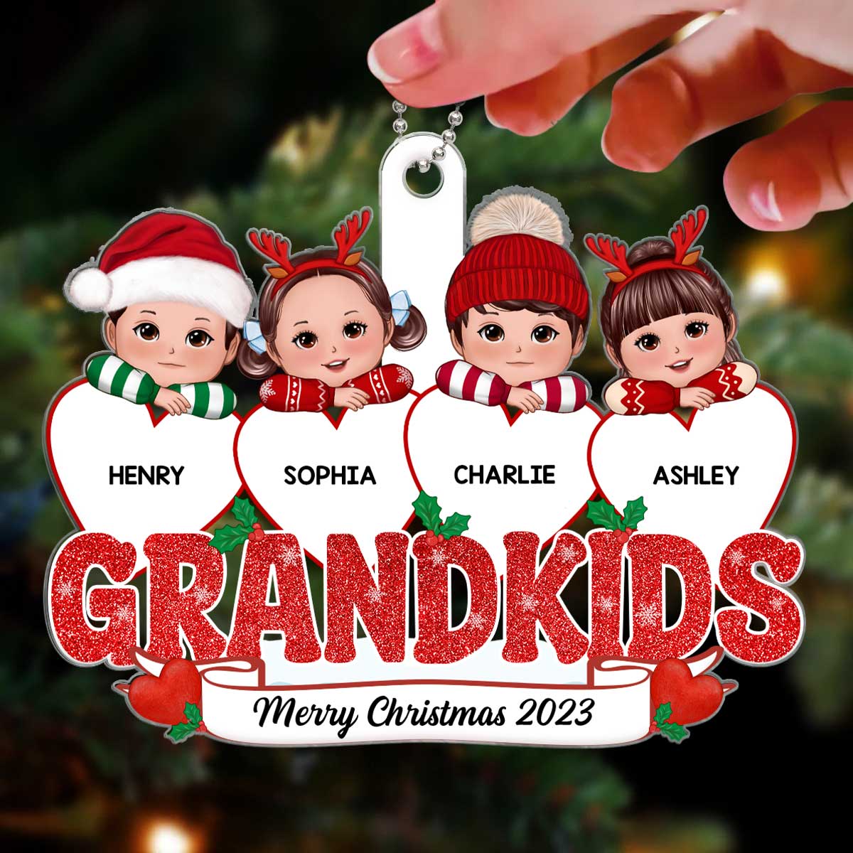 Grandkids Cute Kids On Hearts Personalized Custom Shaped Acrylic Ornament