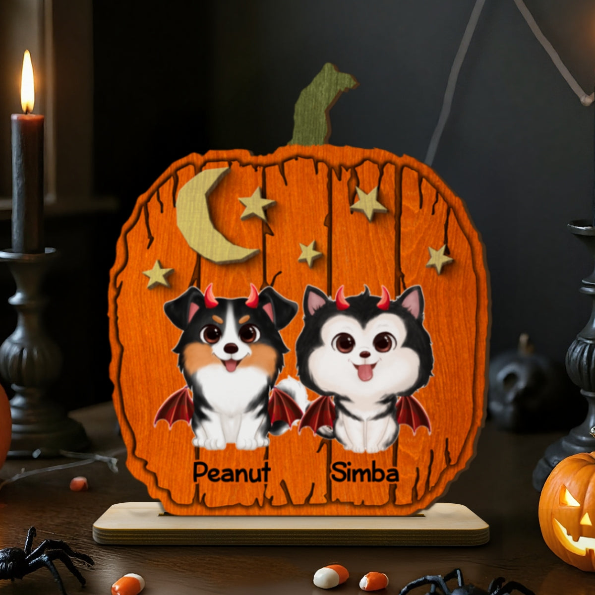 Halloween Dog Pumpkin Shaped Personalized 2-Layer Standing Wooden Plaque