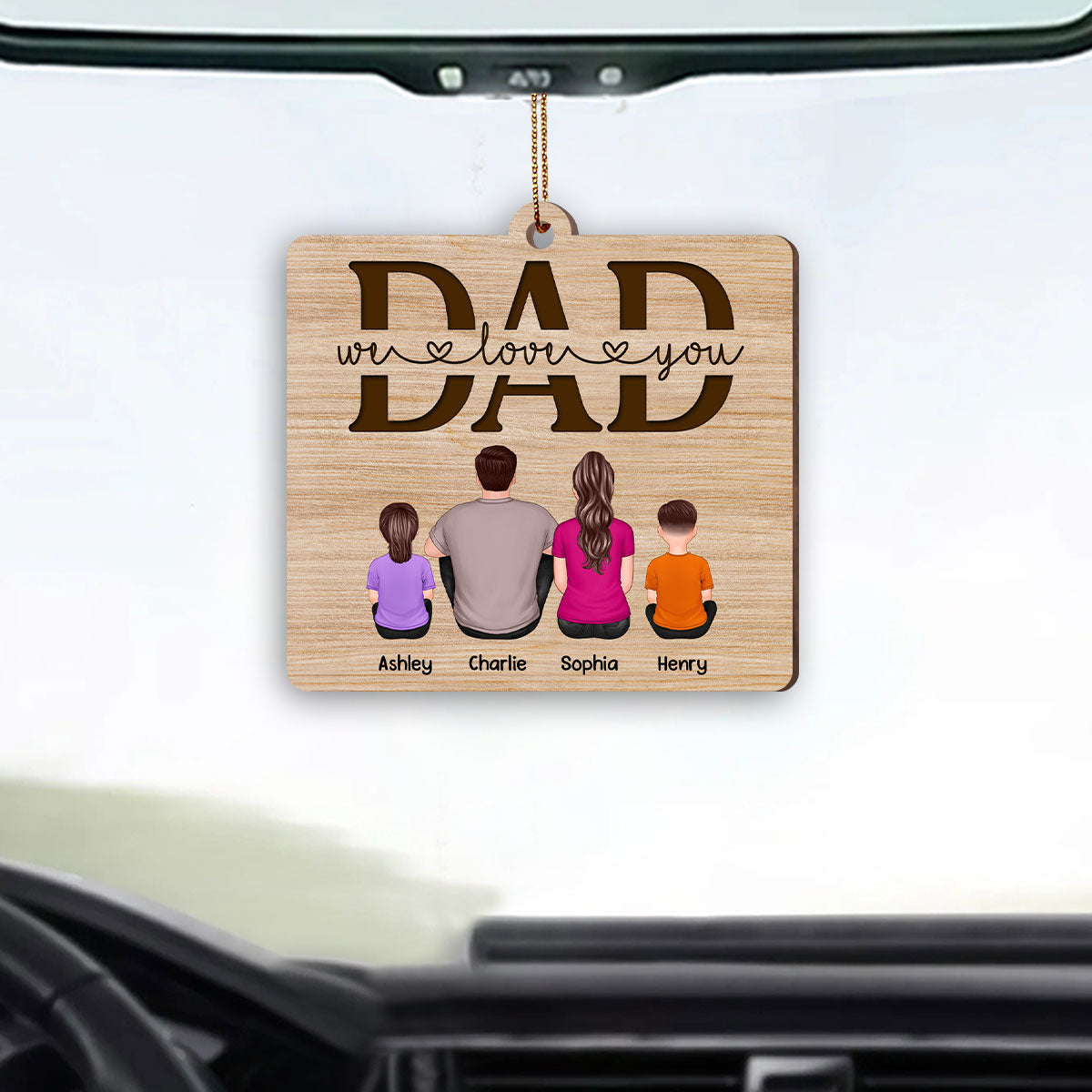 Best Dad Ever Back View Man Kids Dog Cat Personalized Wooden Car Ornament