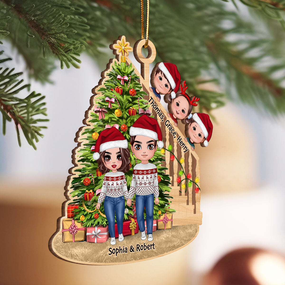 Christmas Tree And Stair Doll Family Personalized Wooden Ornament