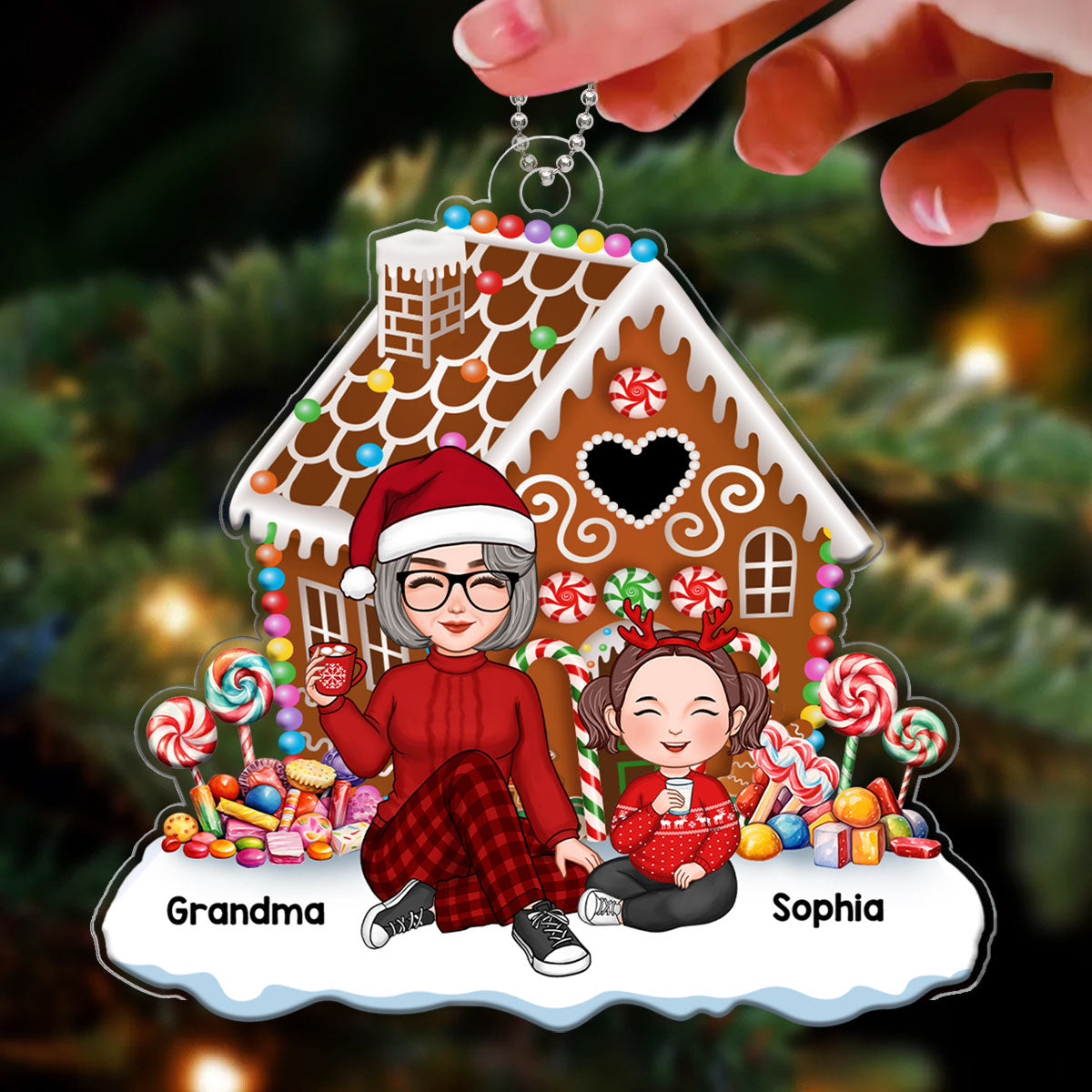 Cute Grandma & Grandkids Granddaughters Grandsons Sitting Christmas Gingerbread House Personalized Acrylic Ornament