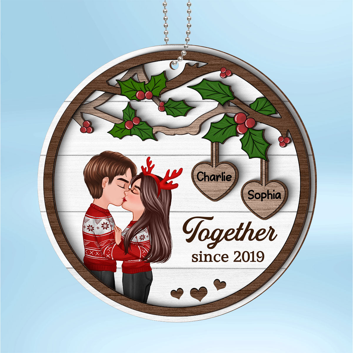 Couple Kissing Under Mistletoe Personalized 2-Layer Wooden Ornament, Christmas Gift For Him, For Her
