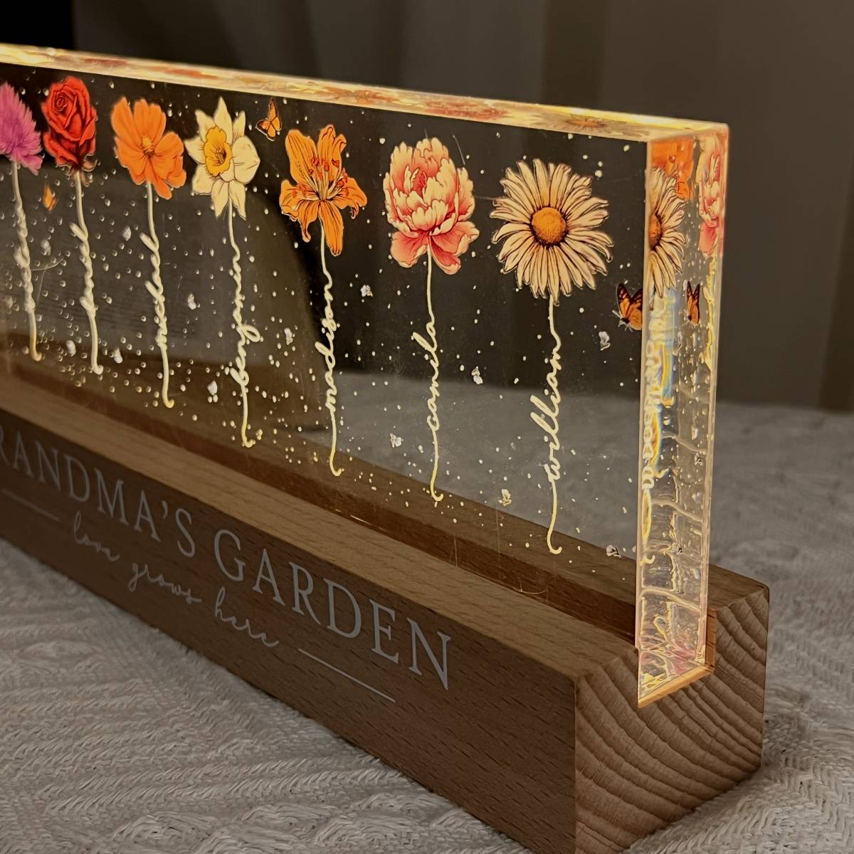 Grandma‘s Garden Birth Month Flowers - Personalized Acrylic Block Plaque LED Night Light - Christmas Gift For Grandma, Mom, Auntie, Sister
