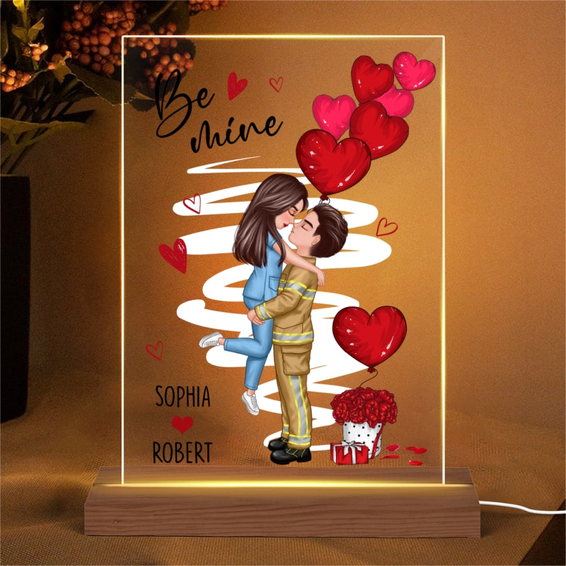 Be Mine Couple Valentine‘s Day Gifts by Occupation Gift For Her Gift For Him Firefighter, Nurse, Police Officer Personalized Acrylic Plaque Warm LED Night Light