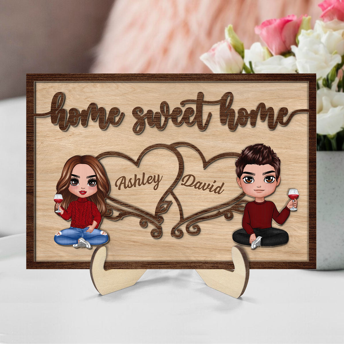Couple Sitting Home Sweet Home Valentine‘s Day Gift For Him For Her Personalized 2-Layer Wooden Plaque