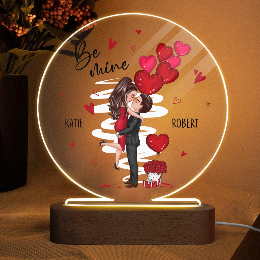 Be Mine Doll Couple Kissing Personalized Circle Plaque LED Night Light - Gift For Him Gift For Her