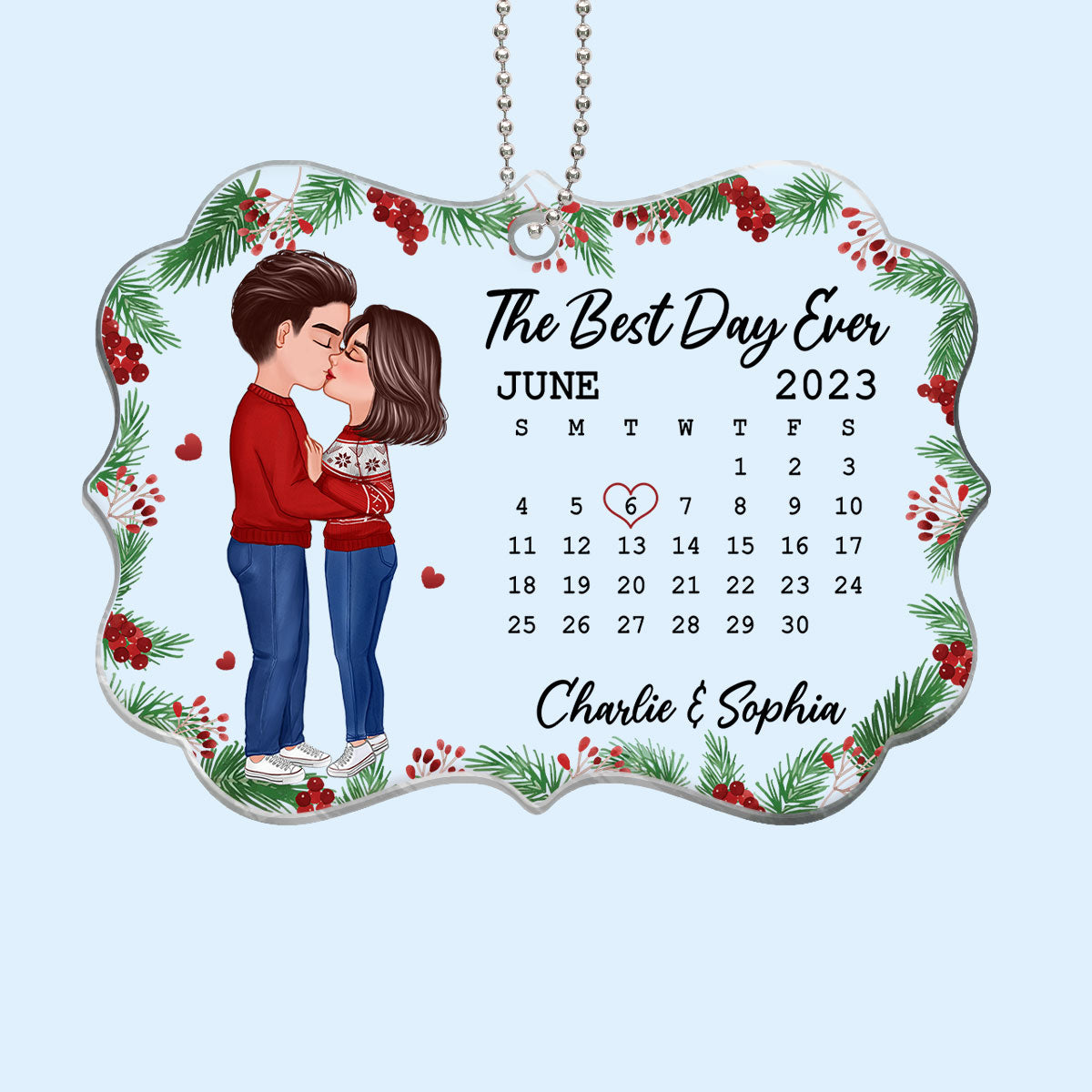 Doll Couple Kissing Anniversary Date Calendar Holly Branch Personalized Acrylic Ornament