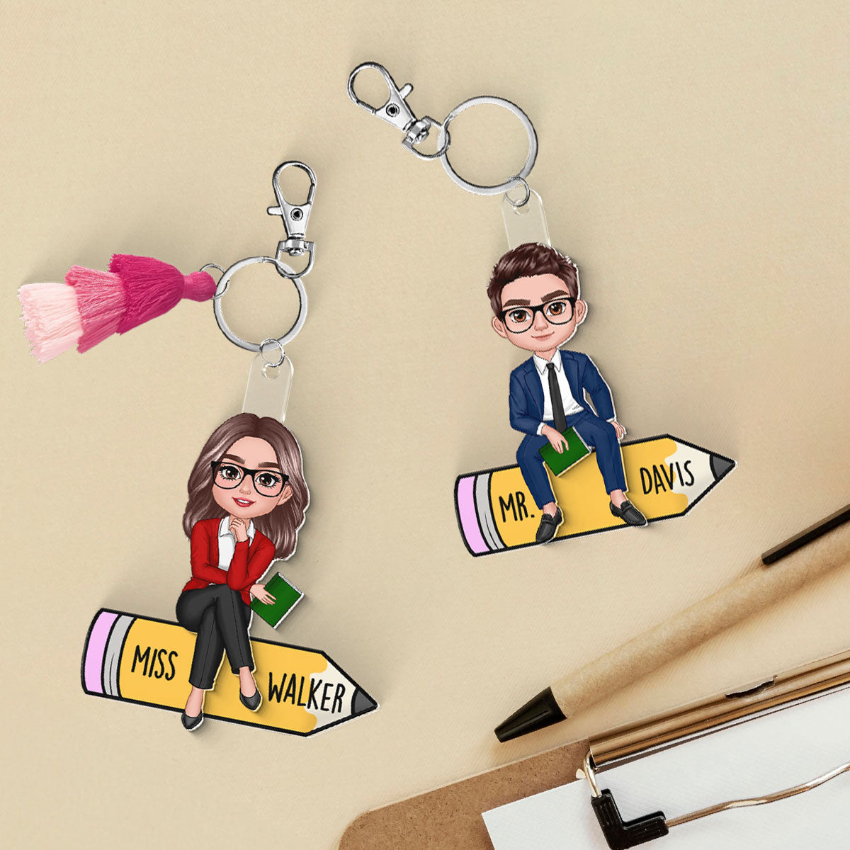 Teacher Sitting On Pencil Personalized 2-Layer Acrylic Keychain